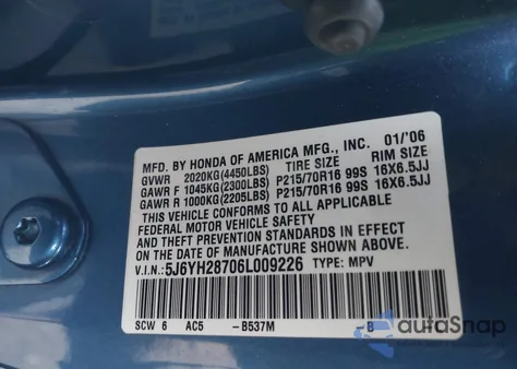 2006 Honda Element Ex-P from USA, damaged, VIN 5J6YH28706L009226